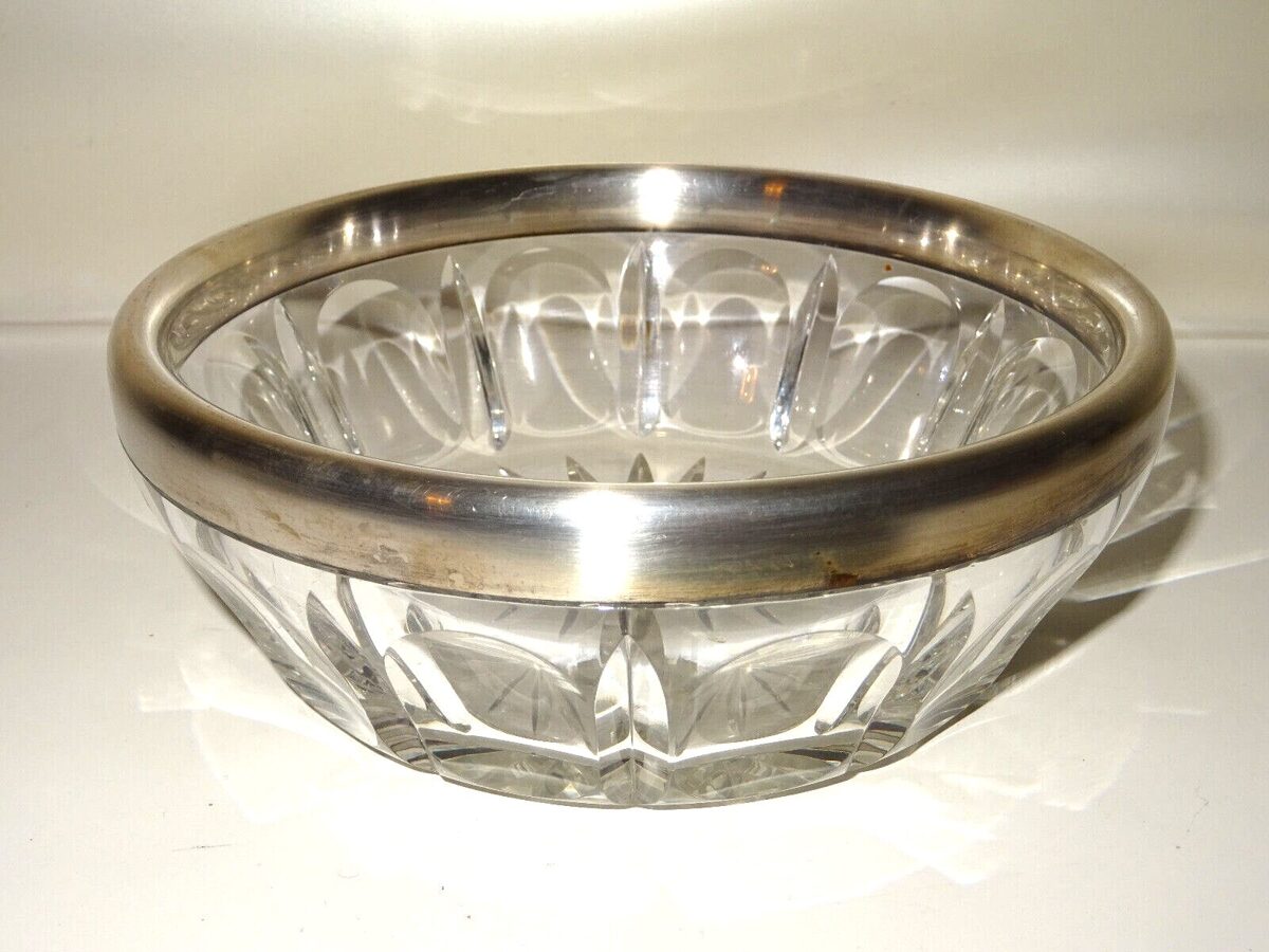 Kristall Glas Schale Bleikristall mit 925 Sterling Silber Montur ⌀:18cm H:6,5cm