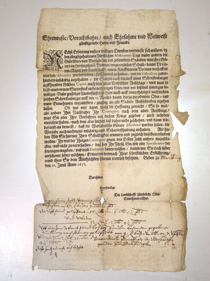 1651 Dokument Urkunde Handschrift Adel Graf Hessen Landgraf Wilhelm? Isenburg? 