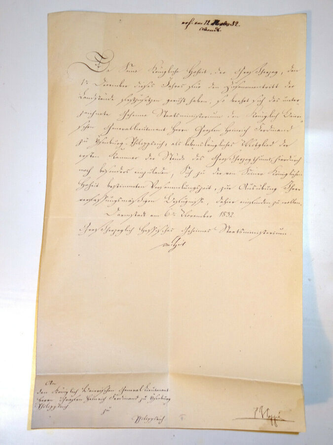 1832 Dokument Urkunde, Großherzog Staatsministerium Hessen Isenburg Handschrift