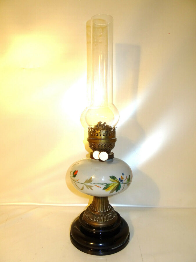DUPLEX Antike Petroleumlampe Jugendstil Opalglas handbemalt Jugendstil 53cm