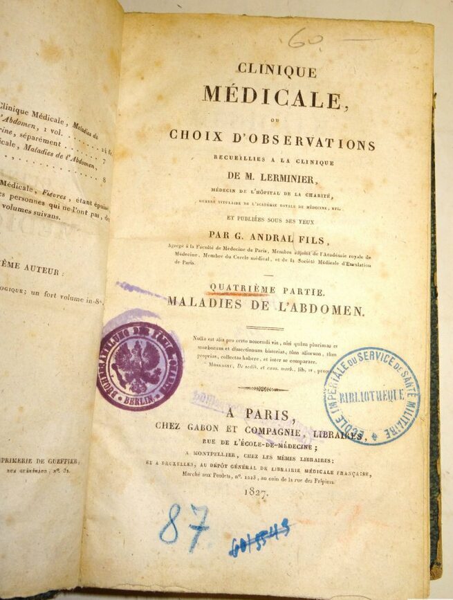Lerminier: CLINIQUE MEDICALE OU CHOIX D`OBSERVATIONS Quatrieme Partie, 1827