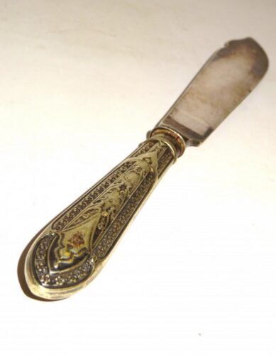 Antikes Tortenmesser England um 1900 Messing versilbert Antik Messer Vögel Blume