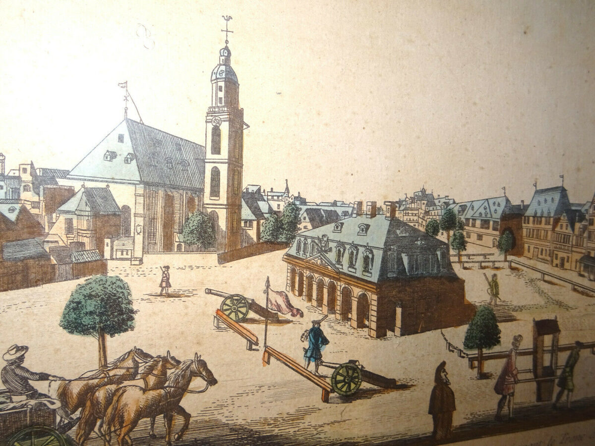"Vue de la place dite le Tronc de fer", Kupferstich Frankfurt Hauptwache um 1750