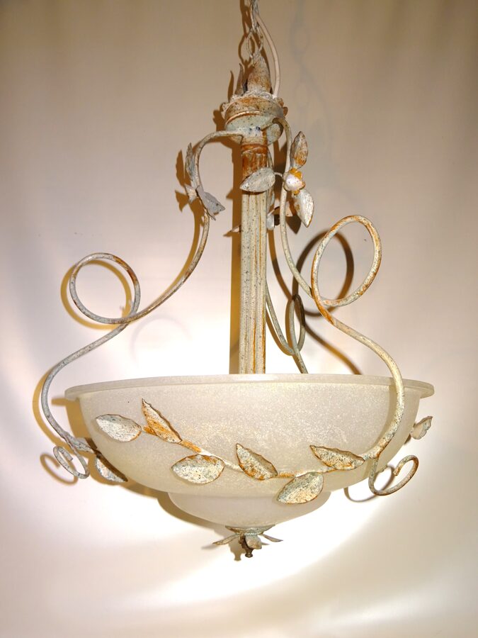 Vintage Florentiner Deckenleuchte Deckenlampe Hängelampe Glas und Eisen Floral