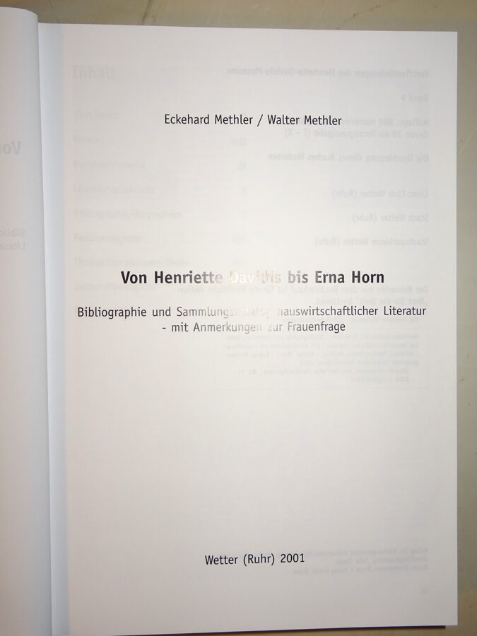 Methler: Von Henriette Davidis bis Erna Horn. Bibliographie Katalog 2001