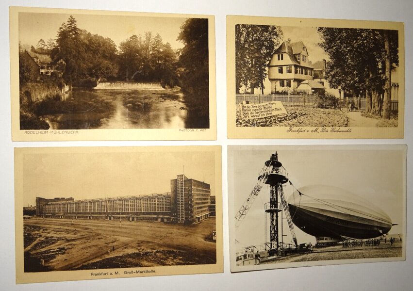 4xAk Postkarte Frankfurt a.M. Ansichtskarte antik Mühlenwehr Zeppelin Markthalle