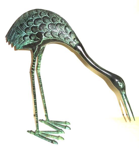 Messing patiniert Storch / Reiher Vogel Figur Skulptur Dekofigur Vintage H:54cm