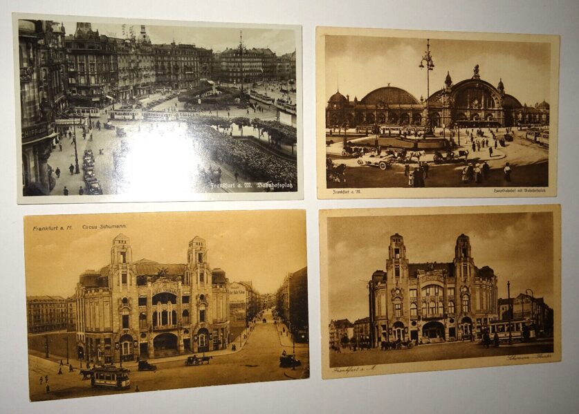 4xAk Postkarte Frankfurt a.M. Ansichtskarte antik Hauptbahnhof Circus Schumann