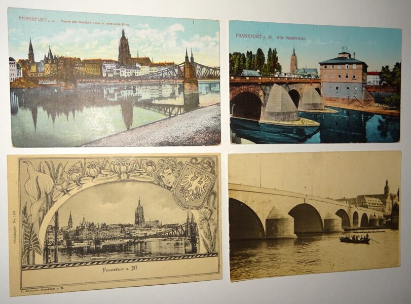 4xAk Postkarte Frankfurt a.M. Ansichtskarte Jugendstil um 1910-1926 Mainbrücke