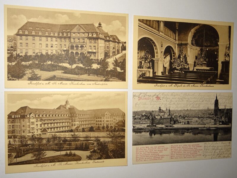 4xAk Postkarte Frankfurt a.M. Ansichtskarte antik St.Marien Krankenhaus Mainufer