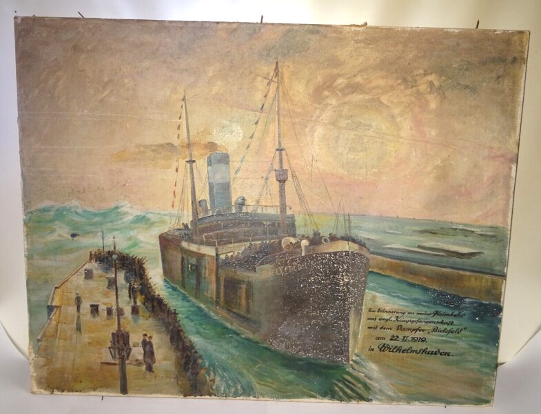 Ölgemälde 1919 Kriegsgefangenschaft Dampfer Bielefeld Wilhelmshaven restaurierungsbedürftig